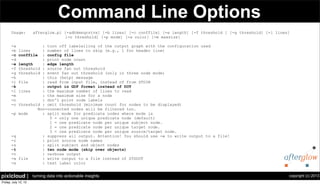 copyright (c) 2013pixlcloud | turning data into actionable insights
Command Line Options
Usage: afterglow.pl [-adhkmnqrstvx] [-b lines] [-c conffile] [-e length] [-f threshold ] [-g threshold] [-l lines]
[-o threshold] [-p mode] [-x color] [-m maxsize]
-a : turn off labelelling of the output graph with the configuration used
-b lines : number of lines to skip (e.g., 1 for header line)
-c conffile : config file
-d : print node count
-e length : edge length
-f threshold : source fan out threshold
-g threshold : event fan out threshold (only in three node mode)
-h : this (help) message
-i file : read from input file, instead of from STDIN
-k : output in GDF format instead of DOT
-l lines : the maximum number of lines to read
-m : the maximum size for a node
-n : don't print node labels
-o threshold : omit threshold (minimum count for nodes to be displayed)
Non-connected nodes will be filtered too.
-p mode : split mode for predicate nodes where mode is
0 = only one unique predicate node (default)
1 = one predicate node per unique subject node.
2 = one predicate node per unique target node.
3 = one predicate node per unique source/target node.
-q : suppress all output. Attention! You should use -w to write output to a file!
-r : print source node names
-s : split subject and object nodes
-t : two node mode (skip over objects)
-v : verbose output
-w file : write output to a file instead of STDOUT
-x : text label color
 