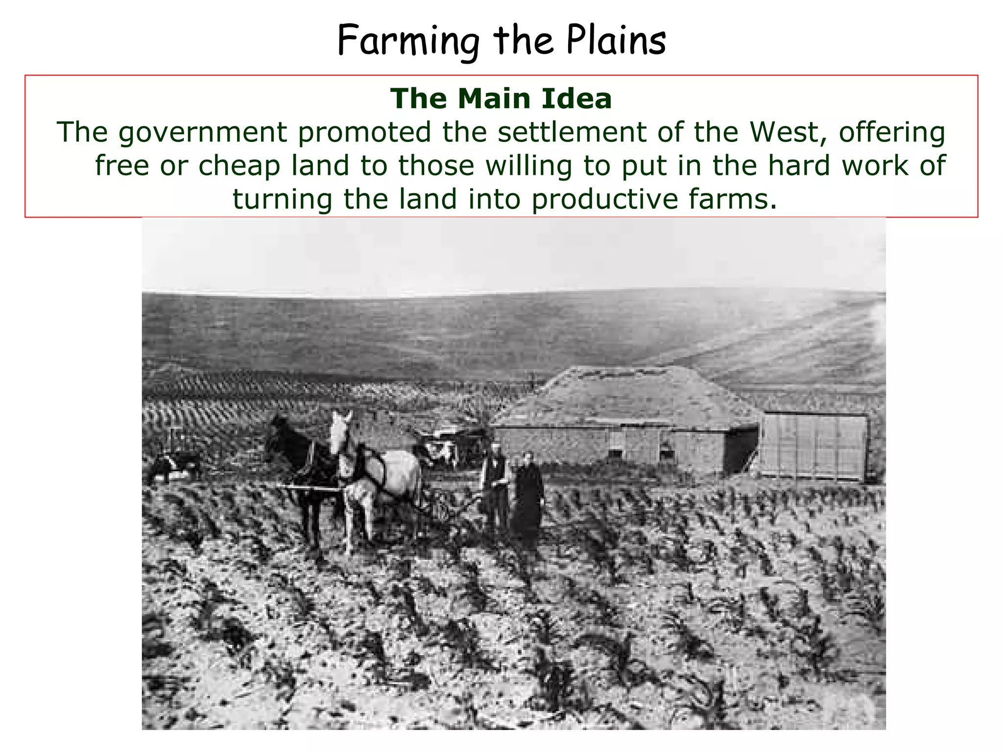 Farming the Plains The Main Idea The government promoted the settlement of the West, offering free or cheap land to those willing to put in the hard work of turning the land into productive farms.  