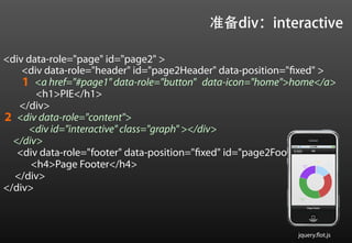 准备div：interactive

<div data-role="page" id="page2" >
    <div data-role="header" id="page2Header" data-position="fixed" >
    1 <a href="#page1" data-role="button" data-icon="home">home</a>
       <h1>PIE</h1>
   </div>
2 <div data-role="content">
     <div id="interactive" class="graph" ></div>
  </div>
   <div data-role="footer" data-position="fixed" id="page2Footer">
      <h4>Page Footer</h4>
  </div>
</div>



                                                            jquery.flot.js
 