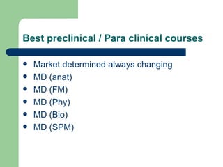 Best preclinical / Para clinical courses Market determined always changing MD (anat) MD (FM) MD (Phy) MD (Bio) MD (SPM) 