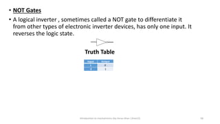 • NOT Gates
• A logical inverter , sometimes called a NOT gate to differentiate it
from other types of electronic inverter devices, has only one input. It
reverses the logic state.
Truth Table
Introduction to mechatronics (by Imran khan 13me12) 58
Input Output
1 0
0 1
 