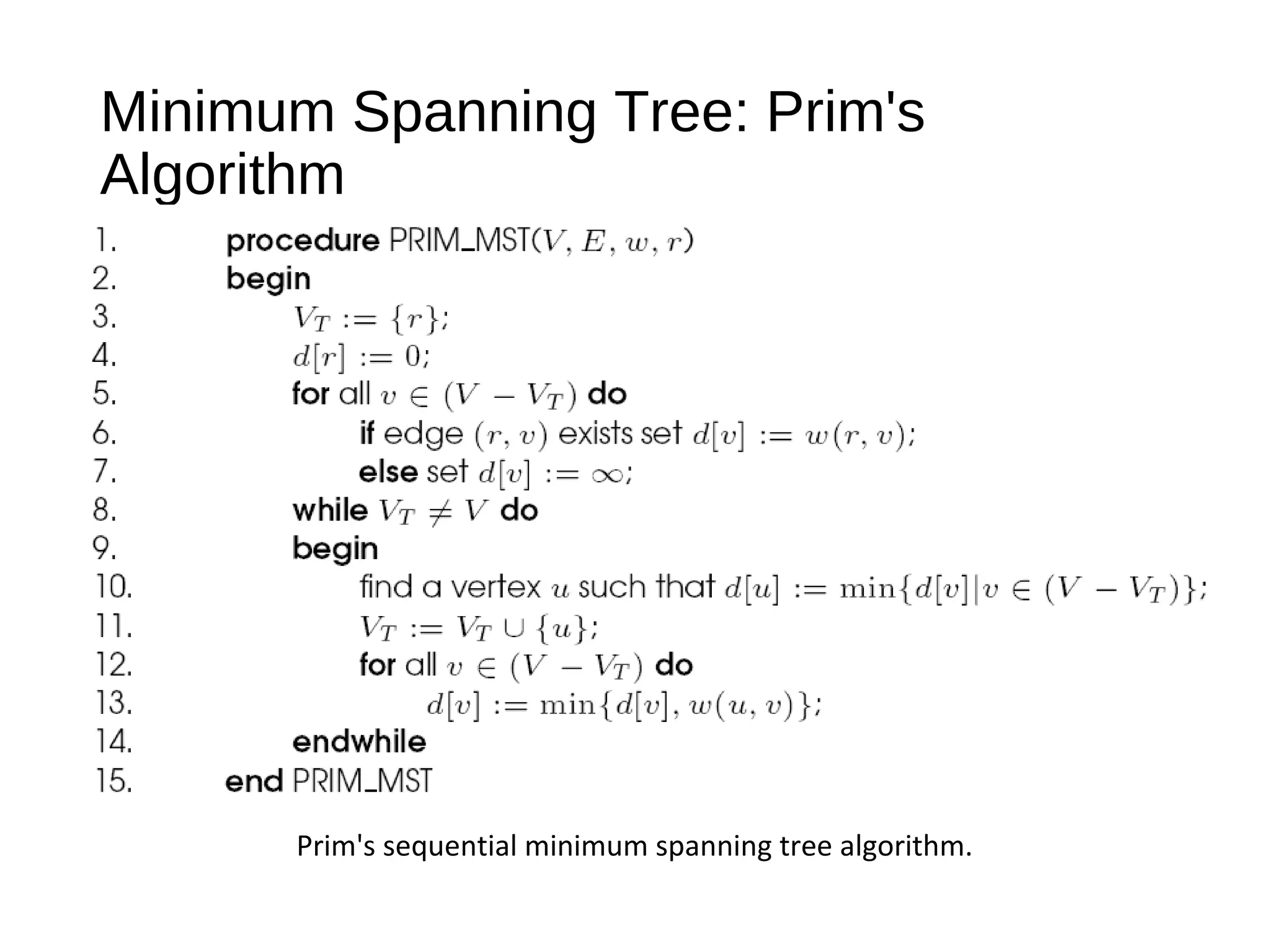Minimum Spanning Tree: Prim's
Algorithm
Prim's sequential minimum spanning tree algorithm.
 