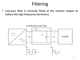 Filtering
• Low-pass filter is normally fitted at the inverter output to
reduce the high frequency harmonics.
157
 