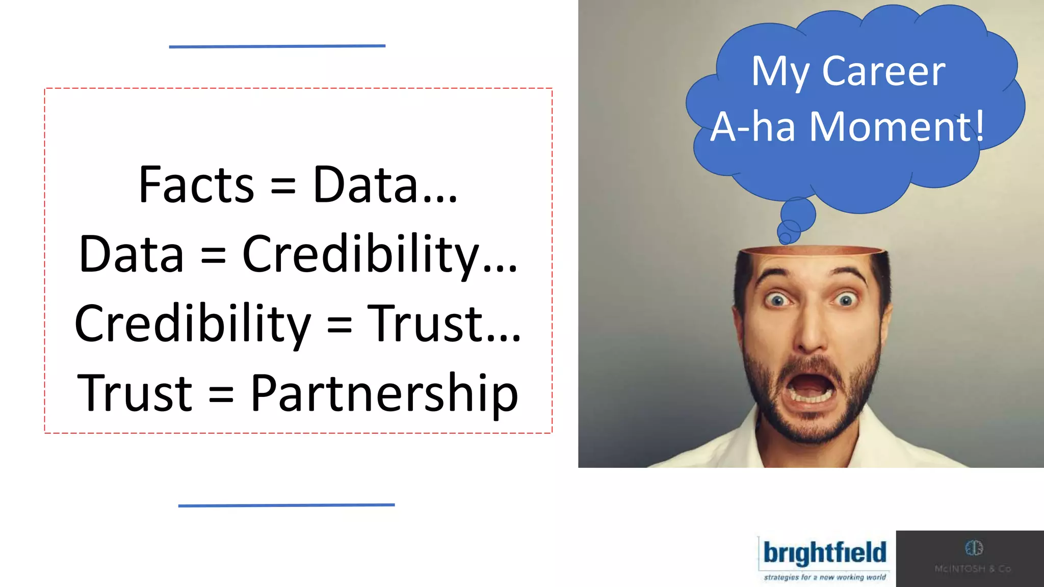 My Career
A-ha Moment!
Facts = Data…
Data = Credibility…
Credibility = Trust…
Trust = Partnership
 