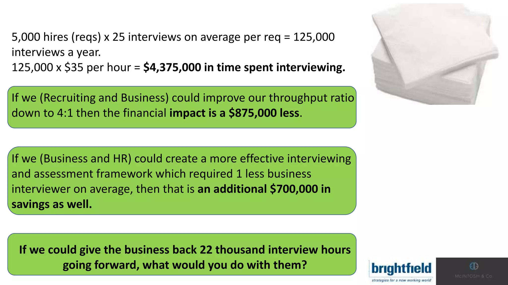 5,000 hires (reqs) x 25 interviews on average per req = 125,000
interviews a year.
125,000 x $35 per hour = $4,375,000 in time spent interviewing.
If we (Recruiting and Business) could improve our throughput ratio
down to 4:1 then the financial impact is a $875,000 less.
If we (Business and HR) could create a more effective interviewing
and assessment framework which required 1 less business
interviewer on average, then that is an additional $700,000 in
savings as well.
If we could give the business back 22 thousand interview hours
going forward, what would you do with them?
 