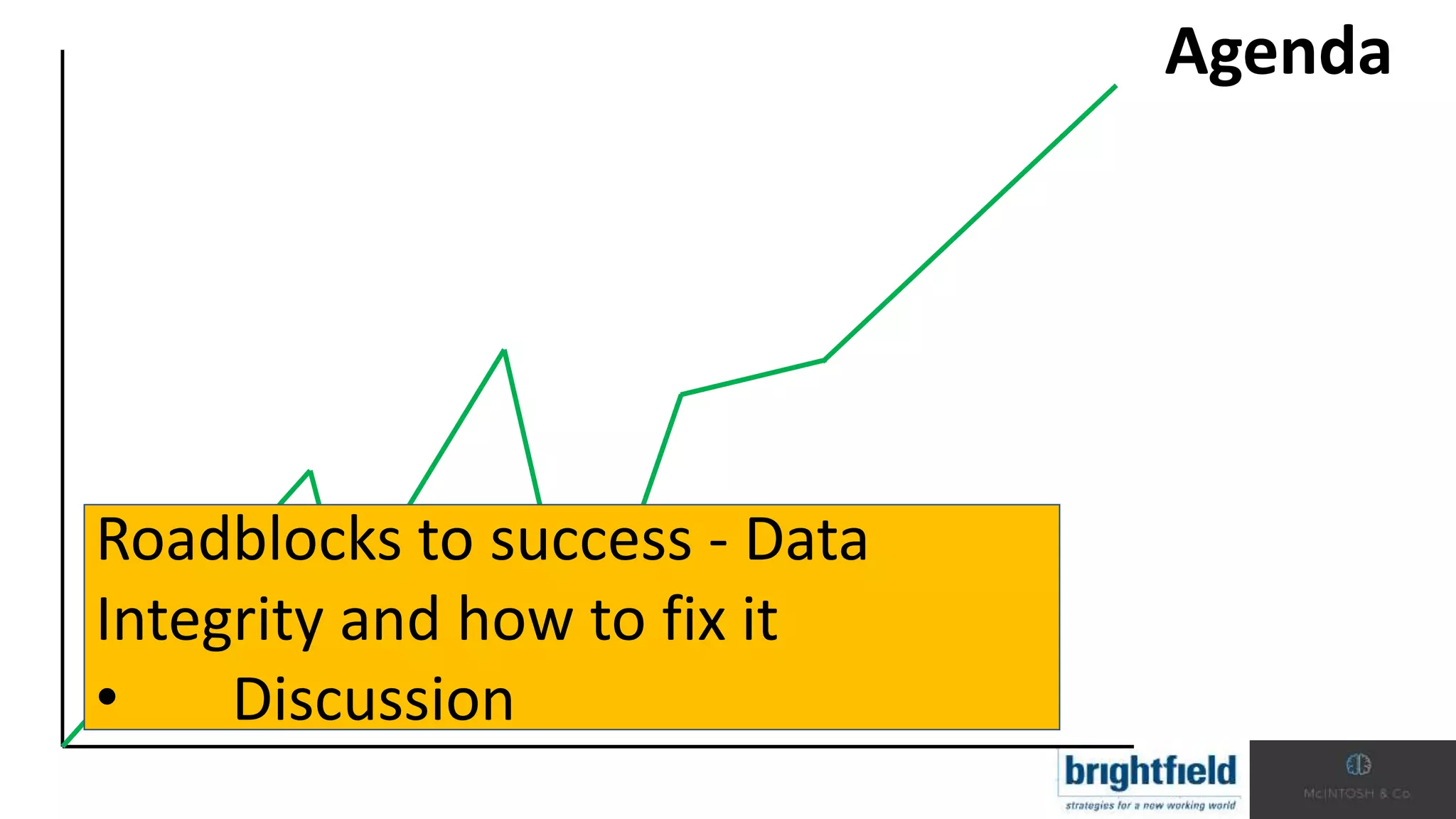 Agenda
Roadblocks to success - Data
Integrity and how to fix it
• Discussion
 