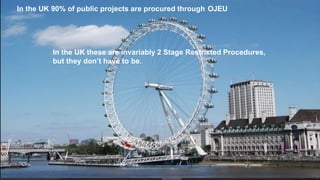 In the UK 90% of public projects are procured through OJEU
In the UK these are invariably 2 Stage Restricted Procedures,
but they don’t have to be.
 