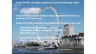 In the UK 90% of public projects are procured through OJEU
In the UK these are invariably 2 Stage Restricted Procedures,
but they don’t have to be.
Under the Public Contracts Regulations 2015 we can also use;
- Negotiated Procedure Without Prior
Publication (Part 2 – Chapter 2 – Section 3 –
Regulation 32)
- Competitive Procedure With Negotiation
(Part 2 – Chapter 2 – Section 3 – Regulation 29)
 