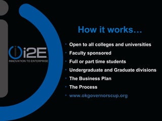 How it works… Open to all colleges and universities Faculty sponsored Full or part time students Undergraduate and Graduate divisions The Business Plan The Process www.okgovernorscup.org INNOVATION TO ENTERPRISE 