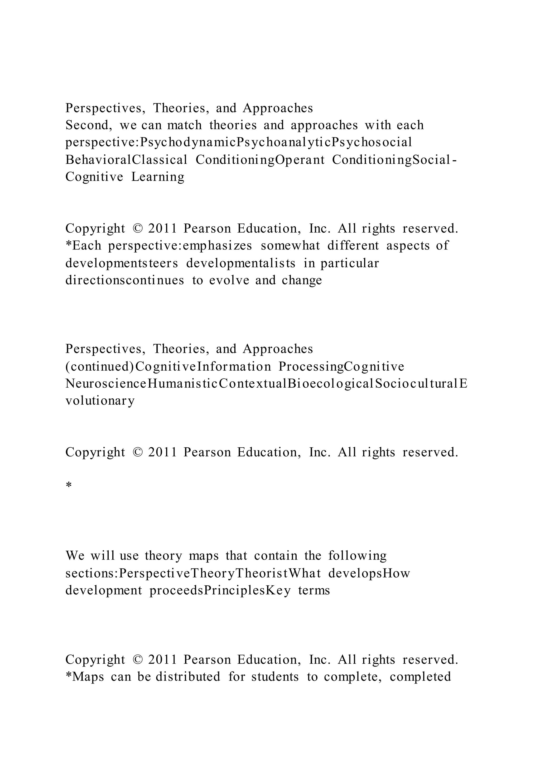 Perspectives, Theories, and Approaches
Second, we can match theories and approaches with each
perspective:PsychodynamicPsychoanalyticPsychosocial
BehavioralClassical ConditioningOperant ConditioningSocial -
Cognitive Learning
Copyright © 2011 Pearson Education, Inc. All rights reserved.
*Each perspective:emphasizes somewhat different aspects of
developmentsteers developmentalists in particular
directionscontinues to evolve and change
Perspectives, Theories, and Approaches
(continued)CognitiveInformation ProcessingCognitive
NeuroscienceHumanisticContextualBioecologicalSocioculturalE
volutionary
Copyright © 2011 Pearson Education, Inc. All rights reserved.
*
We will use theory maps that contain the following
sections:PerspectiveTheoryTheoristWhat developsHow
development proceedsPrinciplesKey terms
Copyright © 2011 Pearson Education, Inc. All rights reserved.
*Maps can be distributed for students to complete, completed
 