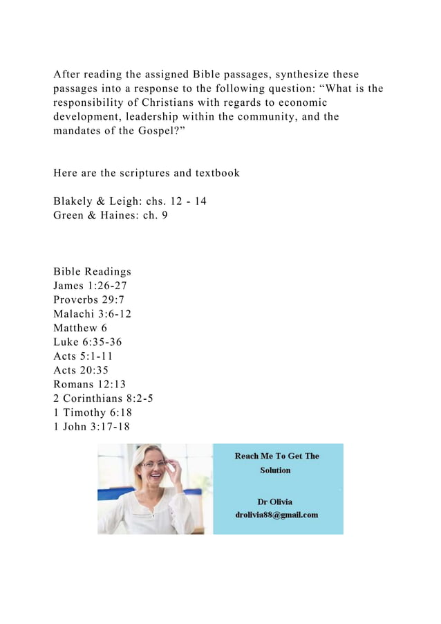 After reading the assigned Bible passages, synthesize these passages.…