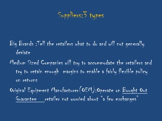 Suppliers:3 types


Big Brands :Tell the retailers what to do and will not generally
   deviate
Medium Sized Companies will try to accommodate the retailers and
   try to retain enough margins to enable a fairly flexible policy
   on returns
Original Equipment Manufacturer(OEM):Operate on Bought Out
   Guarantee retailer not worried about “a few exchanges”
 