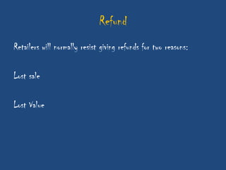 Refund
Retailers will normally resist giving refunds for two reasons:

Lost sale

Lost Value
 