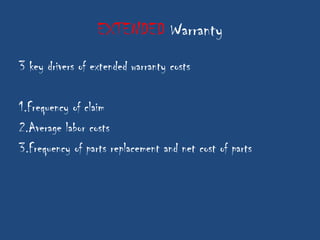 EXTENDED Warranty
3 key drivers of extended warranty costs

1.Frequency of claim
2.Average labor costs
3.Frequency of parts replacement and net cost of parts
 