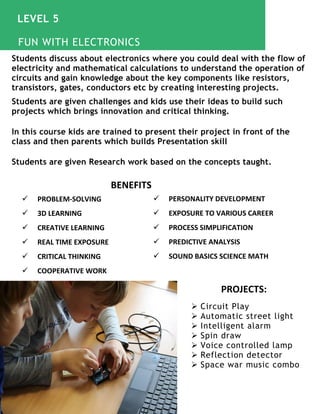 PROJECTS:
 Circuit Play
 Automatic street light
 Intelligent alarm
 Spin draw
 Voice controlled lamp
 Reflection detector
 Space war music combo
Students discuss about electronics where you could deal with the flow of
electricity and mathematical calculations to understand the operation of
circuits and gain knowledge about the key components like resistors,
transistors, gates, conductors etc by creating interesting projects.
Students are given challenges and kids use their ideas to build such
projects which brings innovation and critical thinking.
In this course kids are trained to present their project in front of the
class and then parents which builds Presentation skill
Students are given Research work based on the concepts taught.
 PROBLEM-SOLVING
 3D LEARNING
 CREATIVE LEARNING
 REAL TIME EXPOSURE
 CRITICAL THINKING
 COOPERATIVE WORK
 PERSONALITY DEVELOPMENT
 EXPOSURE TO VARIOUS CAREER
 PROCESS SIMPLIFICATION
 PREDICTIVE ANALYSIS
 SOUND BASICS SCIENCE MATH
BENEFITS
FUN WITH ELECTRONICS
LEVEL 5
 