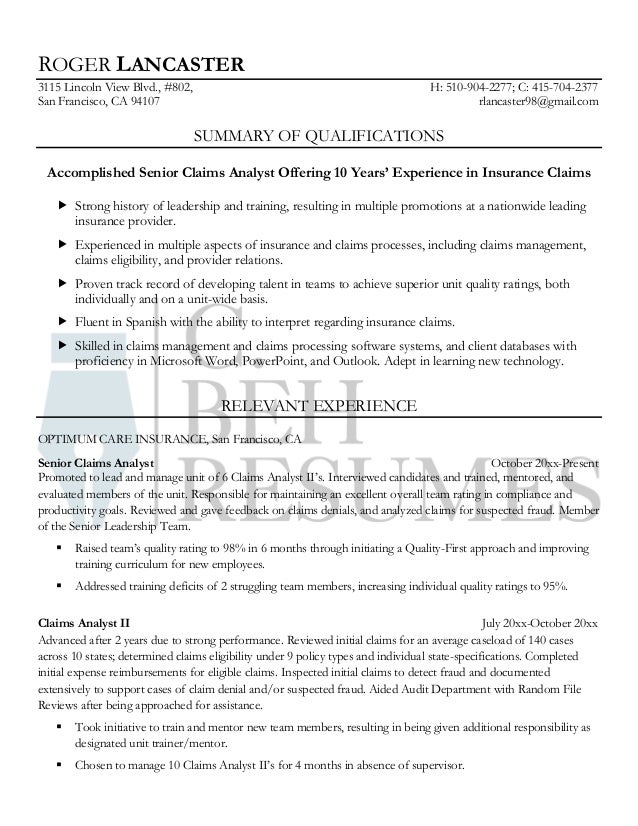 resume sample senior claims analyst view resume samples