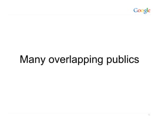 Many overlapping publics



                           12
 