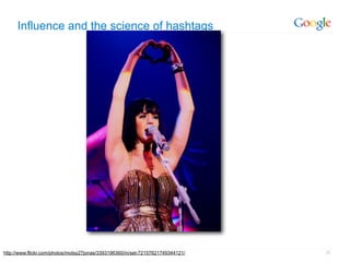 Influence and the science of hashtags




http://www.flickr.com/photos/motsy27jonas/3393196360/in/set-72157621749344121/   25
 
