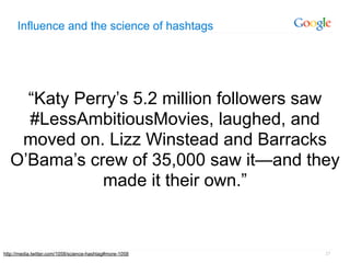 Influence and the science of hashtags




    “Katy Perry’s 5.2 million followers saw
    #LessAmbitiousMovies, laughed, and
   moved on. Lizz Winstead and Barracks
  O’Bama’s crew of 35,000 saw it—and they
             made it their own.”


http://media.twitter.com/1058/science-hashtag#more-1058   27
 
