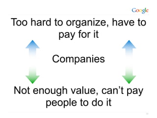 Too hard to organize, have to
          pay for it

        Companies


Not enough value, can’t pay
      people to do it
                              33
 
