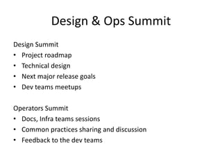 Design & Ops Summit 
Design Summit 
• Project roadmap 
• Technical design 
• Next major release goals 
• Dev teams meetups 
Operators Summit 
• Docs, Infra teams sessions 
• Common practices sharing and discussion 
• Feedback to the dev teams 
 