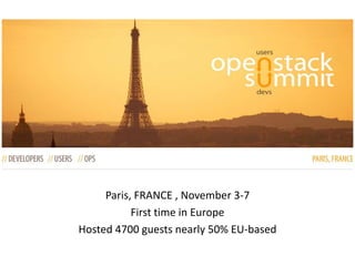 Paris, FRANCE , November 3-7 
First time in Europe 
Hosted 4700 guests nearly 50% EU-based 
 