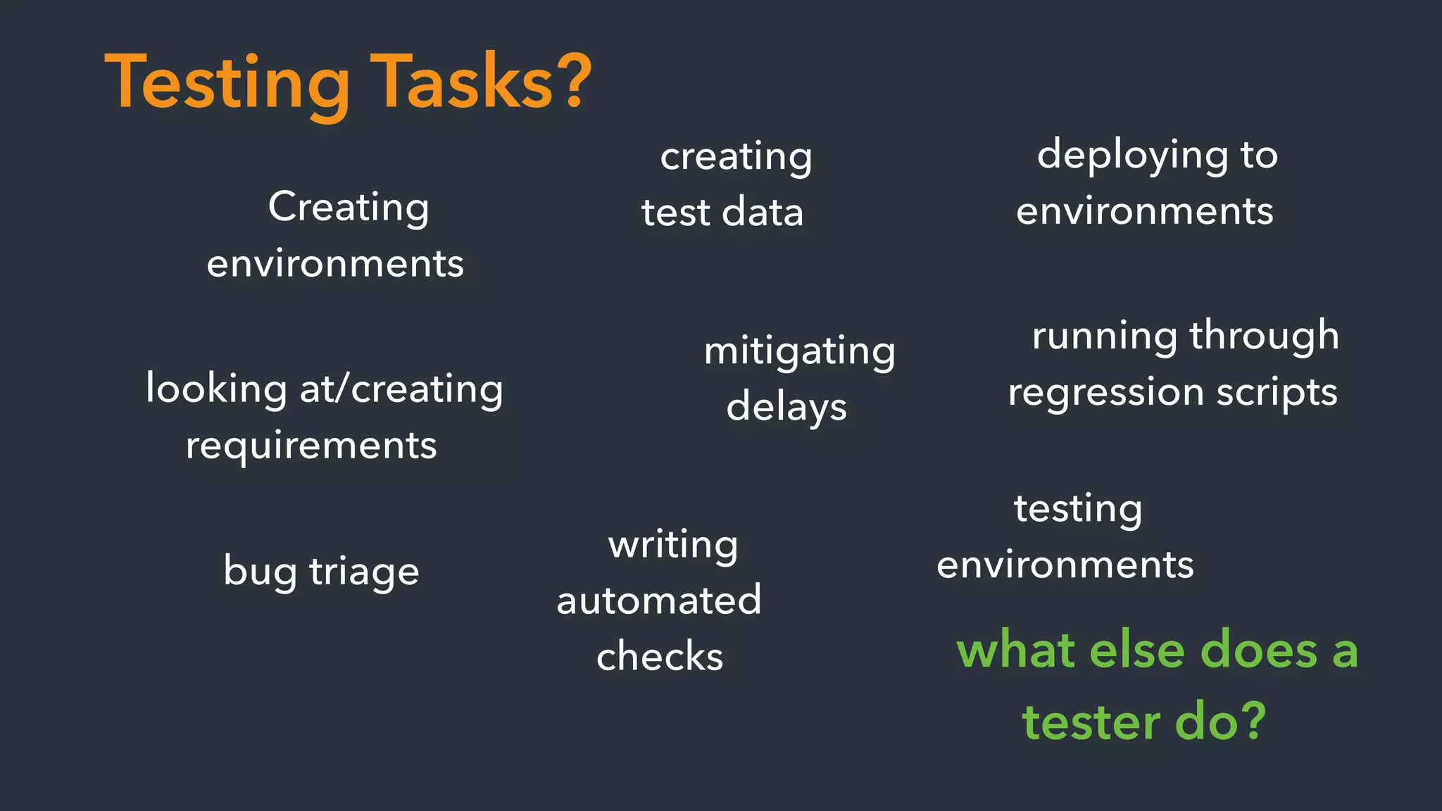 Creating
environments
deploying to
environments
testing
environments
looking at/creating
requirements
creating
test data
writing
automated
checks
running through
regression scripts
what else does a
tester do?
bug triage
mitigating
delays
Testing Tasks?
 