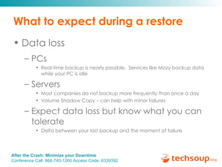 What to expect during a restore Data loss PCs Real-time backup is nearly possible.  Services like Mozy backup data while your PC is idle Servers  Most companies do not backup more frequently than once a day Volume Shadow Copy – can help with minor failures Expect data loss but know what you can tolerate  Delta between your last backup and the moment of failure 