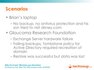 Scenarios Brian’s laptop No backup, no antivirus protection and his son tried to visit disney.com Glaucoma Research Foundation Exchange Server hardware failure Failing backups, Tombstone policy for Active Directory required recreation of domain Restore was successful but data was lost 