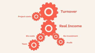 Real Income
Re-investment
Team
Biz costs
Proﬁt
Turnover
Project costs
 
