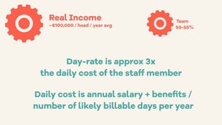 Real Income Team
50-65%~€100,000 / head / year avg
Day-rate is approx 3x
the daily cost of the staff member
Daily cost is annual salary + beneﬁts /
number of likely billable days per year
 