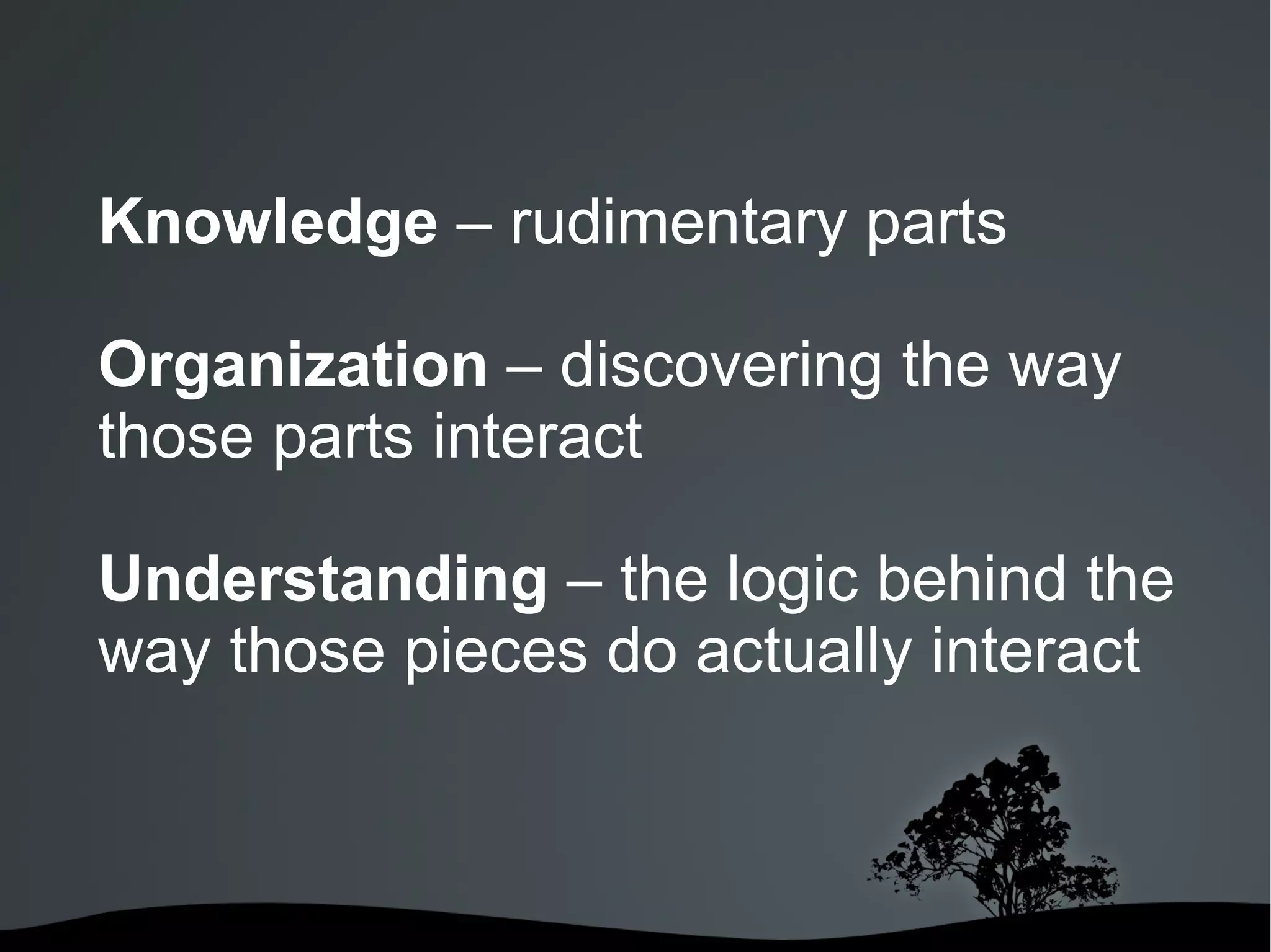 Knowledge  – rudimentary parts Organization  – discovering the way those parts interact Understanding  – the logic behind the way those pieces do actually interact  