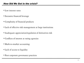 • Low interest rates
• Excessive financial leverage
• Complexity of financial products
• Lack of effective risk management at large institutions
• Inadequate appreciation/regulation of derivatives risk
• Conflicts of interest at rating agencies
• Mark-to-market accounting
• Lack of access to liquidity
• Poor corporate governance practices
How Did We Get in the crisis?
13
 