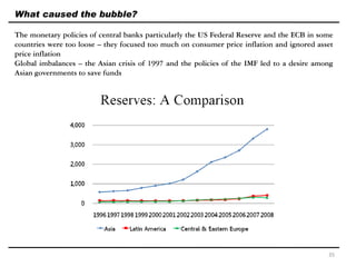 What caused the bubble?
The monetary policies of central banks particularly the US Federal Reserve and the ECB in some
countries were too loose – they focused too much on consumer price inflation and ignored asset
price inflation
Global imbalances – the Asian crisis of 1997 and the policies of the IMF led to a desire among
Asian governments to save funds
35
 