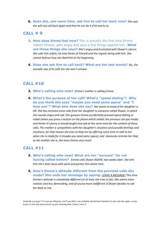 6. Does she, one more time, ask him to call her back now? She says
        she will not call back again and that he can do it if he wants to.

CALL # 9
     3. How does Emma feel now? This is actually the first time Emma
        rejects Shawn, gets angry and says a few things against him…What
        are those things she says? She’s angry and frustrated with Shawn’s silence.
        She calls him selfish, he only thinks of himself and she regrets being with him. She
        cannot believe how she liked him at the beginning.

     4. Does she ask him to call back? What are her last words? No, she
        actually says if he calls her she won’t answer.



CALL #10
     3. Who’s calling who now? Emma’s mother is calling Emma.

     4. What’s the purpose of her call? What’s “speed dialing”? Why
        do you think she says “maybe you need some space” and “I
        love you”? What else does she say? She wants to know if her daughter is
        OK. She has received some calls from her daughter to someone called Shawn, in which
        she sounds angry and sad. She guesses Emma accidentally pressed speed dialing or
        redial (when you press a button on the phone which redials the previous call you made)
        and thinks it’s funny (I should laugh) and sad at the same time for the content of those
        calls. The mother is sympathetic with her daughter’s situation and possible feelings and
        emotions, for that reason she tries to help her by offering some time to talk to her
        when she is ready for it (maybe you need some space), and obviously reminds her that,
        as her mother she is, she loves Emma very much.

CALL #11
     3. Who’s calling who now? What are her “excuses” for not
        having called before? Emma calls Shawn AGAIN, two weeks later. She tells
        him she’s been busy with work and parties this whole time.

     4. How’s Emma’s attitude different from the previous calls she
        made? She ends her message by saying: LEAVE A MESSAGE! This time
        Emma’s attitude is completely different (or at least she tries to be). She seems more
        realistic and less demanding, and of course more indifferent if Shawn decides to call
        her back or not.



Good job, you guys! I’m sure you did great, and if you didn’t, you probably should have listened to it over and over again…as you
know, it’s the only way to brush up your listening skills. Cheers, Inma 
 
