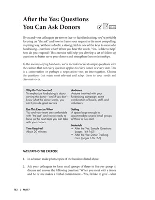 162
After the Yes: Questions
You Can Ask Donors
Facilitating the exercise
1.	 In advance, make photocopies of the handouts listed above.
2.	 Ask your colleagues to form small groups of three to five per group to
discuss and answer the following question: “When you meet with a donor
and he or she makes a verbal commitment—‘Yes, I’d like to give’—what
00:20
If you and your colleagues are new to face-to-face fundraising, you’re probably
focusing on “the ask” and how to frame your request in the most compelling,
inspiring way. Without a doubt, a strong pitch is one of the keys to successful
fundraising—but then what? When you hear the words “Yes, I’d like to help,”
how do you respond? This exercise will help you develop a set of follow-up
questions to better serve your donors and strengthen these relationships.
In the accompanying handouts, we’ve included several sample questions with
the caution that not every question applies to every donor or every visit. This
is a conversation or perhaps a negotiation—not an interrogation. Choose
the questions that seem most relevant and adapt them to your needs and
circumstances.
Why Do This Exercise?
To emphasize fundraising is about
serving the donor—and if you don’t
know what the donor wants, you
can’t provide good service
Use This Exercise When
You and your team are comfortable
with “the ask” and you’re ready to
focus on the next steps you can take
with your donors
Time Required
About 20 minutes
Audience
Anyone involved with your
fundraising campaign: some
combination of board, staff, and
volunteers
Setting
A space large enough to
accommodate several small groups
of three to five each
Materials
•	 After the Yes: Sample Questions
(pages 164-165)
•	 After the Yes: Donor Tracking
Form (pages 166-167)
| PART 7
 