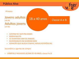 Público Alvo
Jovens adultos
(18-28)
Adultos jovens
(29-40)
18 a 40 anos Classe A e B
• GOSTAM DE SAIR PRA BEBER
• BEBEM MUITO
• SE DIVERTEM COM OS AMIGOS
• RESPONSÁVEIS EM ACORDAR BEM
• GERACÃO QUE BUSCA O NOVO, NOVAS REFERÊNCIAS
Primário
Secundário e agentes de compra
• HOMENS E MULHERES ACIMA DE 40 ANOS, classe A e B
 