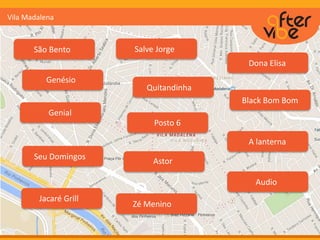 São Bento
Genésio
Genial
Salve Jorge
Quitandinha
Seu Domingos
Posto 6
Astor
Jacaré Grill
Zé Menino
Dona Elisa
Black Bom Bom
Vila Madalena
A lanterna
Audio
 