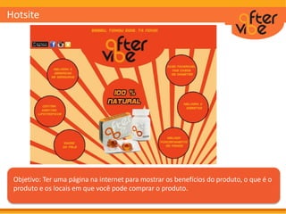 Objetivo: Ter uma página na internet para mostrar os benefícios do produto, o que é o
produto e os locais em que você pode comprar o produto.
Hotsite
 