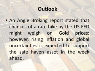 Outlook
• An Angle Broking report stated that
chances of a rate hike by the US FED
might weigh on Gold prices;
however, rising inflation and global
uncertainties is expected to support
the safe haven asset in the week
ahead.
 