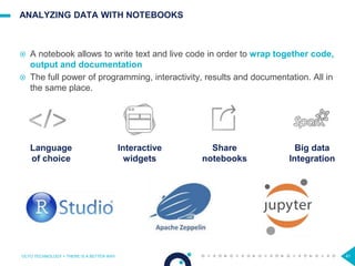 41
ANALYZING DATA WITH NOTEBOOKS
OCTO TECHNOLOGY > THERE IS A BETTER WAY
 A notebook allows to write text and live code in order to wrap together code,
output and documentation
 The full power of programming, interactivity, results and documentation. All in
the same place.
Language
of choice
Interactive
widgets
Share
notebooks
Big data
Integration
 