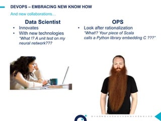 DEVOPS – EMBRACING NEW KNOW HOW
And new collaborations…
Data Scientist
• Innovates
• With new technologies
“What !? A unit test on my
neural network???
OPS
• Look after rationalization
“What!? Your piece of Scala
calls a Python library embedding C ???”
 