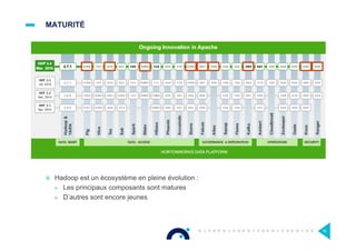 MATURITÉ
16
¤  Hadoop est un écosystème en pleine évolution :
>  Les principaux composants sont matures
>  D’autres sont encore jeunes
 