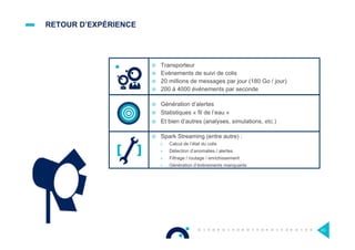 RETOUR D’EXPÉRIENCE
¤  Transporteur
¤  Evénements de suivi de colis
¤  20 millions de messages par jour (180 Go / jour)
¤  200 à 4000 événements par seconde
63
¤  Génération d’alertes
¤  Statistiques « fil de l’eau »
¤  Et bien d’autres (analyses, simulations, etc.)
¤  Spark Streaming (entre autre) :
>  Calcul de l’état du colis
>  Détection d’anomalies / alertes
>  Filtrage / routage / enrichissement
>  Génération d’événements manquants
 