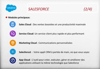 Sales Cloud : Des ventes boostées et une productivité maximale
Service Cloud: Un service client plus rapide et plus performant
Marketing Cloud : Communications personnalisées
Salesforce1 : Votre appli CRM à portée de main, où que vous soyez
App Cloud : L’outil pour créer, exécuter, gérer et améliorer des
applications utilisant la même technologie que Salesforce
SALESFORCE (2/4)
 Modules principaux:
 