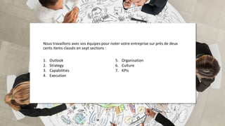Nous travaillons avec vos équipes pour noter votre entreprise sur près de deux
cents items classés en sept sections :
1. Outlook
2. Strategy
3. Capabilities
4. Execution
5. Organisation
6. Culture
7. KPIs
 