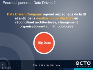 7
© OCTO 2015
Pourquoi parler de Data Driven ?
Data Driven Company répond aux échecs de la BI
et anticipe la désillusion du Big Data en
réconciliant architectures, changement
organisationnel et méthodologies
Big	
  Data
 