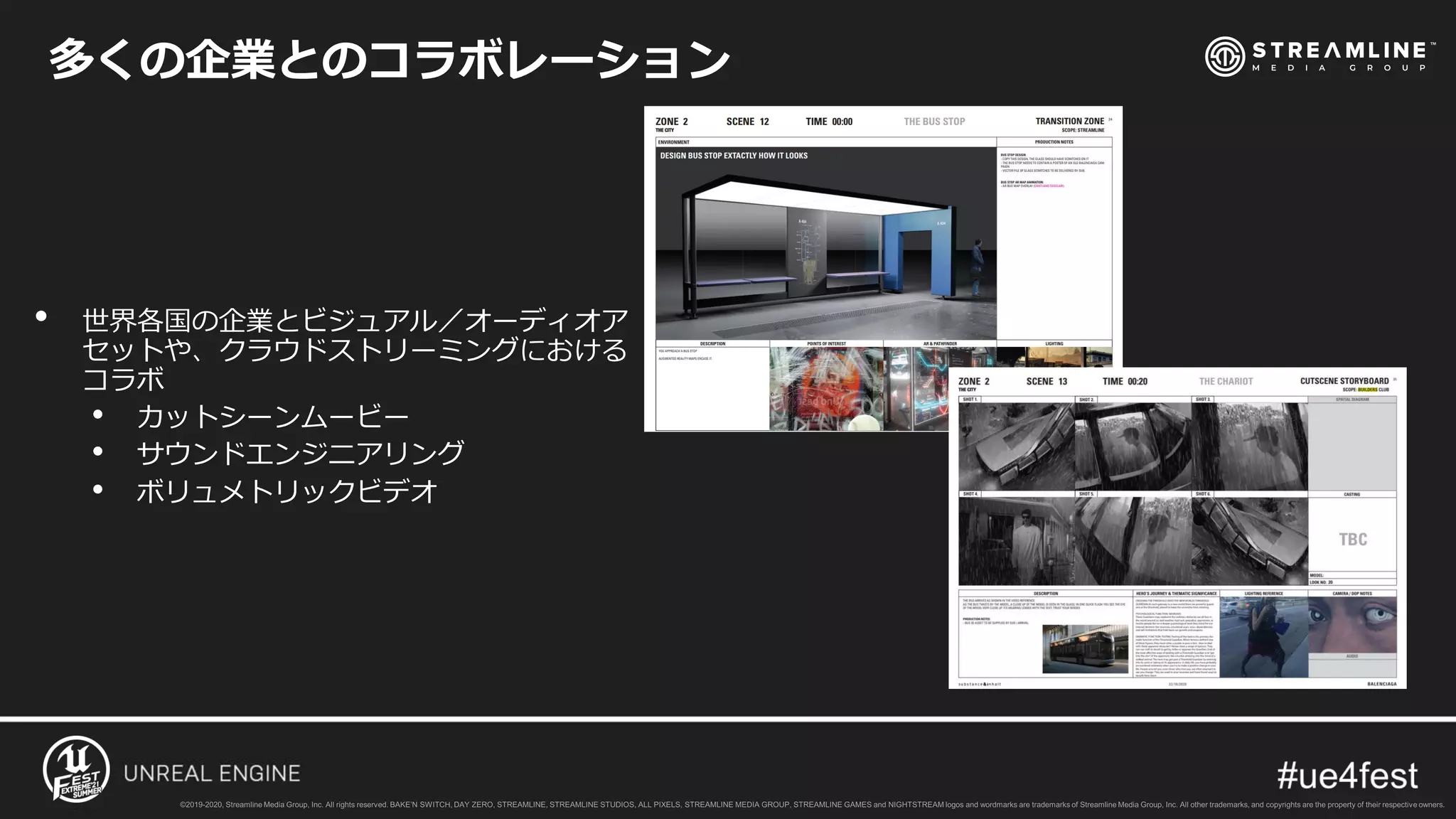 • 世界各国の企業とビジュアル／オーディオア
セットや、クラウドストリーミングにおける
コラボ
• カットシーンムービー
• サウンドエンジニアリング
• ボリュメトリックビデオ
多くの企業とのコラボレーション
 