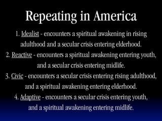 Repeating in America
    1. Idealist - encounters a spiritual awakening in rising
       adulthood and a secular crisis entering elderhood.
2. Reactive - encounters a spiritual awakening entering youth,
              and a secular crisis entering midlife.
3. Civic - encounters a secular crisis entering rising adulthood,
         and a spiritual awakening entering elderhood.
    4. Adaptive - encounters a secular crisis entering youth,
           and a spiritual awakening entering midlife.
 