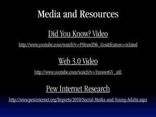 Media and Resources
                     Did You Know? Video
     http://www.youtube.com/watch?v=PHmwZ96_Gos&feature=related


                          Web 3.0 Video
             http://www.youtube.com/watch?v=YmwwrGV_aiE


                   Pew Internet Research
http://www.pewinternet.org/Reports/2010/Social-Media-and-Young-Adults.aspx
 
